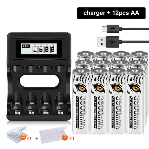 Genopladelige AA-batterier, 3500mWh kapacitet, USB-oplader inkluderet,12 stk AA-batteri