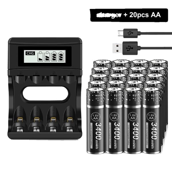 <PALO AA genopladelige batterier, høj kapacitet 3400mWh, lang cykluslevetid 1500 opladninger,20AA og oplader 20AA and charger