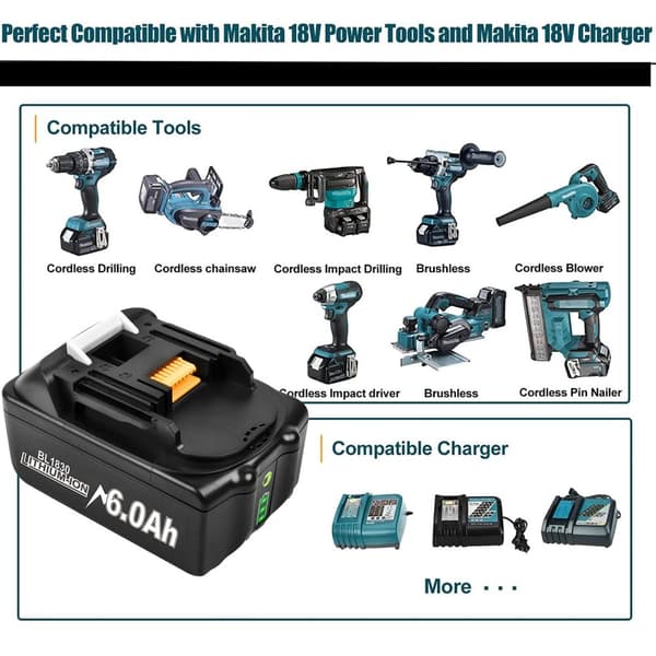 Makita 18V Litiumjonbatteri, 6000mAh Kapacitet, Kompatibel Ersättning,6,0AH-2 ST
