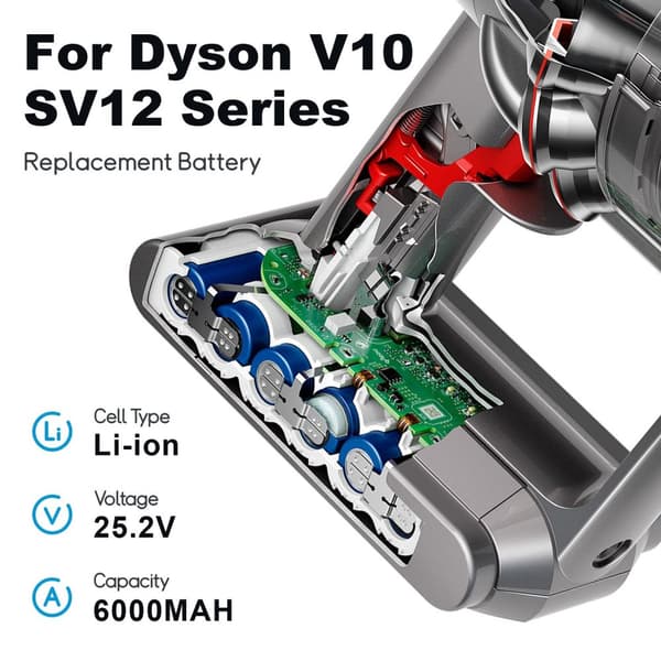 Uppladdningsbart batteri för Dyson V6, V7, V8, V10-serien, kapacitet på 6000mAh, Li-Ion-teknik,1 st 6,0ah V8 Batteri, 21,6V