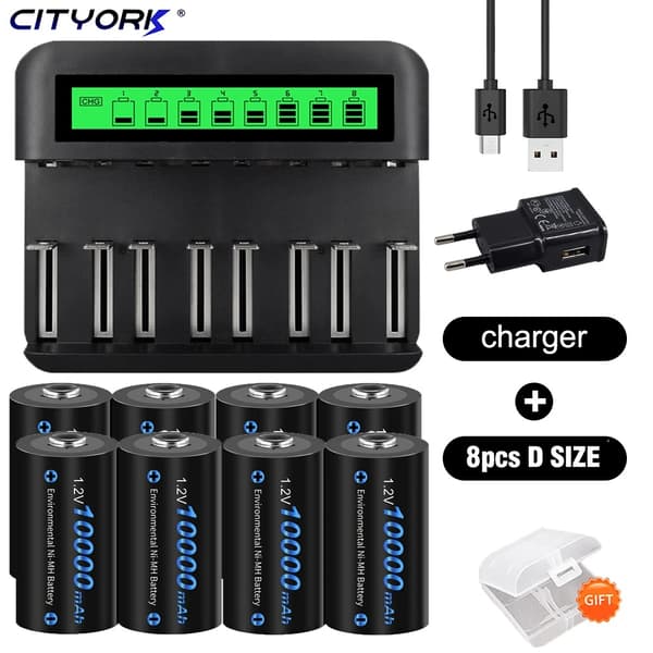 Genopladelige D-størrelse batterier, 6000-10000mAh kapacitet, hurtigopladningsfunktion,8 stk. og oplader