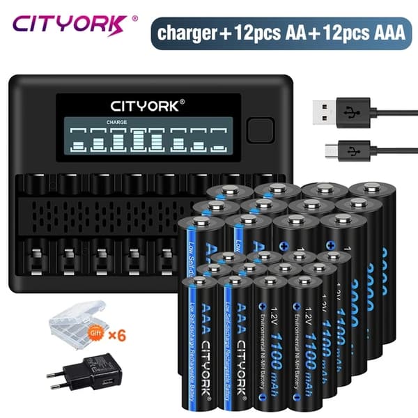 Genopladeligt batterisæt, 12 AA 3000mAh, 12 AAA 1100mAh,12AA 12AAA 1oplader, 1,2V