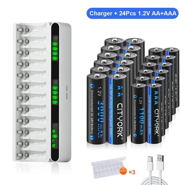 Genopladelig batterioplader, 12-slot design, inkluderer 24 batterier,12AA 12AAA 1oplader