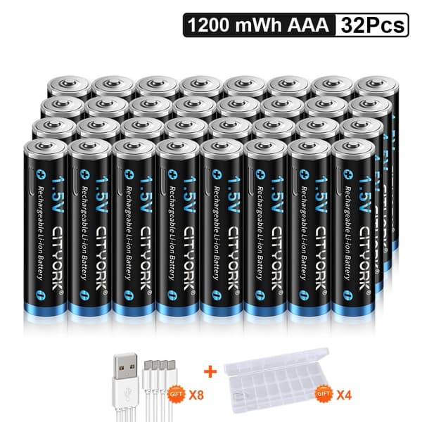 CITYORK AAA genopladelige batterier, 1200mWh kapacitet, Micro USB opladning,32 stk.