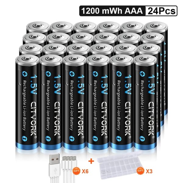 CITYORK AAA genopladelige batterier, 1200mWh kapacitet, Micro USB opladning,32 stk.