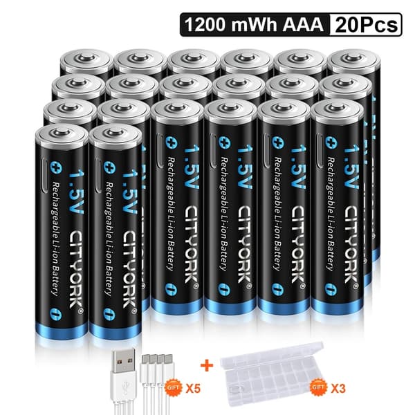 CITYORK AAA genopladelige batterier, 1200mWh kapacitet, Micro USB opladning,32 stk.
