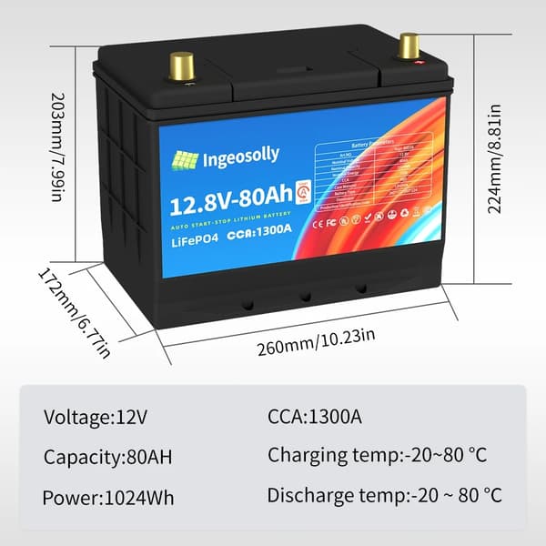 Høj CCA Lithium Jern Fosfat Batteri, 80Ah Kapacitet, Letvægtsdesign,L negativ