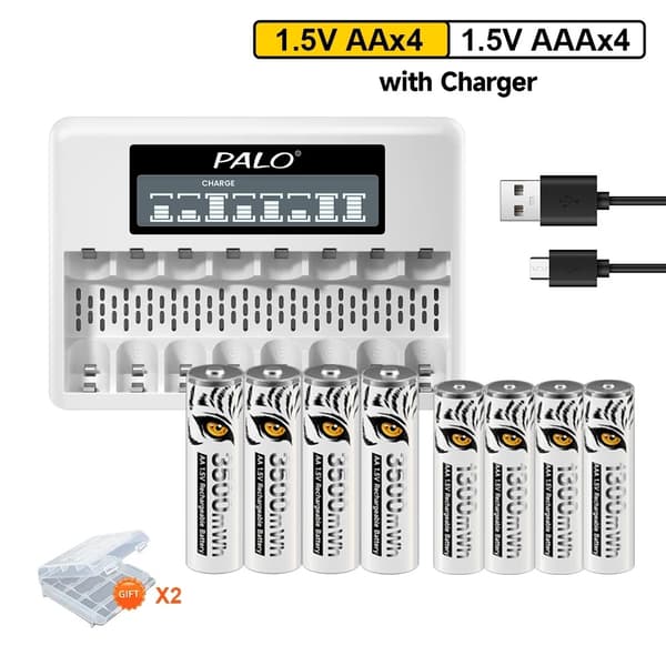 PALO Ladattavat Paristot, AA 3500mWh, AAA 1300mWh,4AA 4AAA 1Laturi