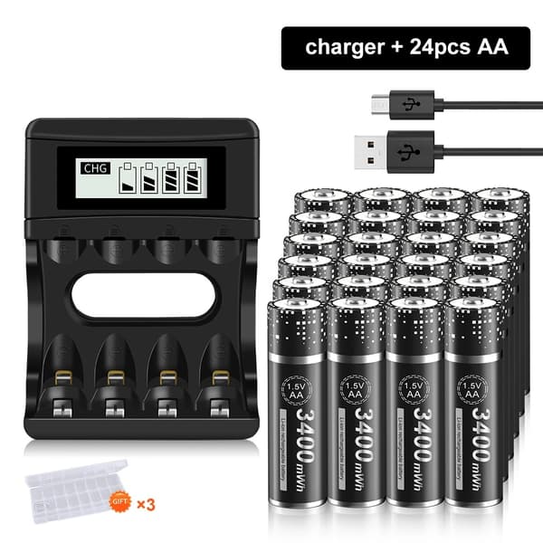 PALO 1.5V AA Ladattava Akka, Korkea Kapasiteetti 3400mWh, Pitkä Käyttöikä 1500 Syklille,24 kpl AA-paristoja ja laturi
