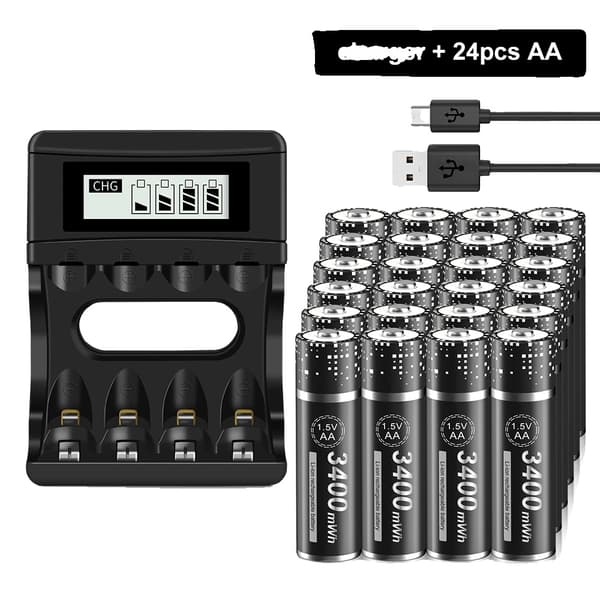 PALO 1.5V AA Ladattava Akka, Korkea Kapasiteetti 3400mWh, Pitkä Käyttöikä 1500 Syklille,24 kpl AA-paristoja ja laturi