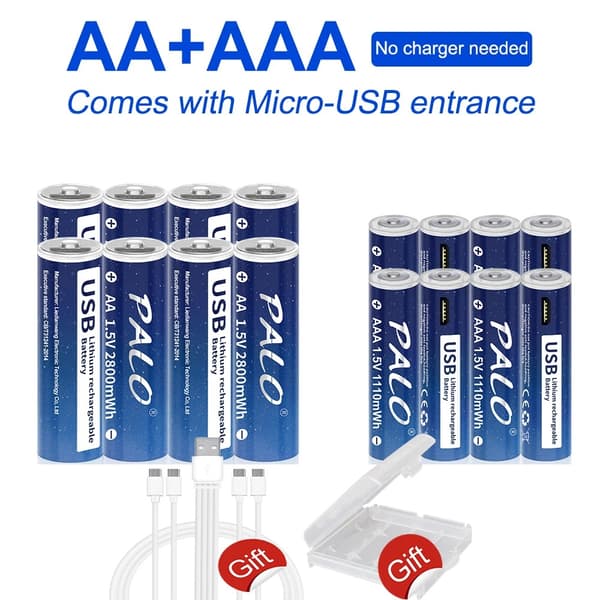 PALO USB genopladelige batterier, 2800mWh AA kapacitet, 1110mWh AAA kapacitet,8AA 8AAA