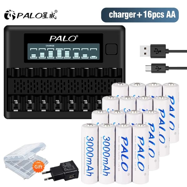 PALO AA Genopladelige Batterier, 3000mAh Kapacitet, Inkluderer Oplader,16 stk. og oplader