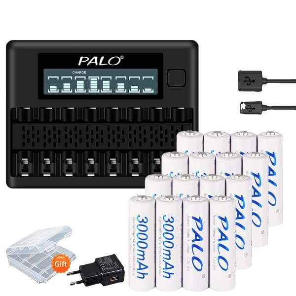 PALO AA Genopladelige Batterier, 3000mAh Kapacitet, Inkluderer Oplader,16 stk. og oplader 16pcs and charger