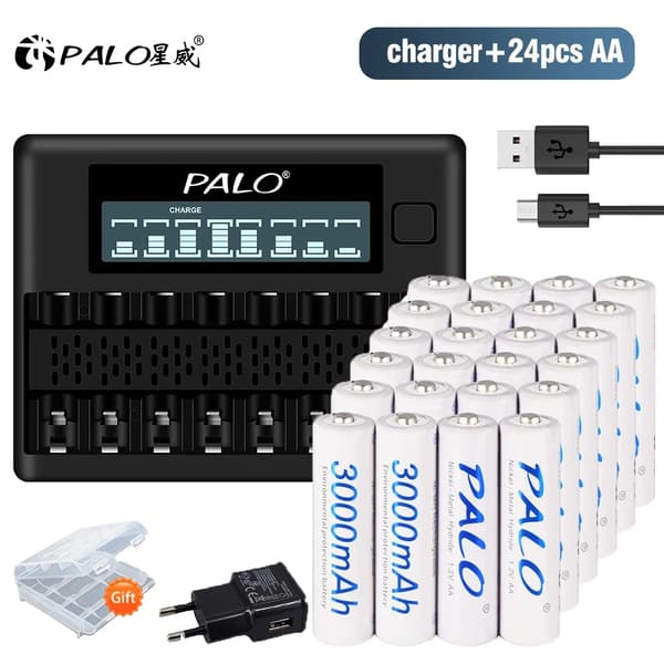 PALO AA Genopladelige Batterier, 3000mAh Kapacitet, Inkluderer Oplader,16 stk. og oplader