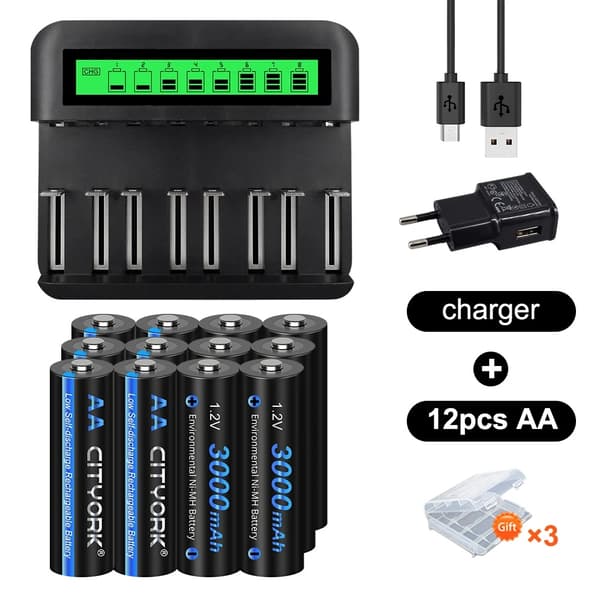 CITYORK AA Genopladelige Batterier, Høj Kapacitet 3000mAh, Oplader Inkluderet>,20AA og oplader