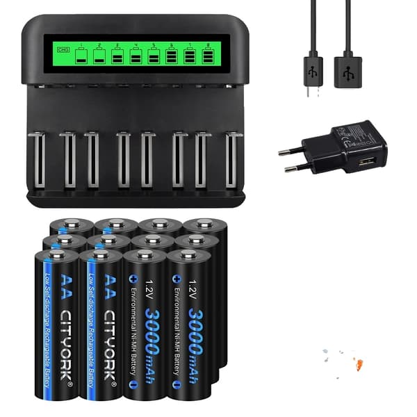 CITYORK AA Genopladelige Batterier, Høj Kapacitet 3000mAh, Oplader Inkluderet>,20AA og oplader 12AA and charger