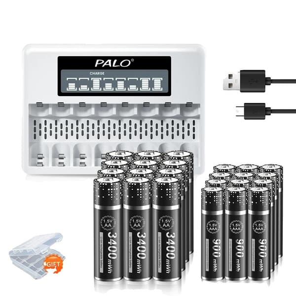 PALO Genopladelig Batterioplader, LCD Skærm, 8 Pladser, Inkluderer AA & AAA Batterier,12AA AAA