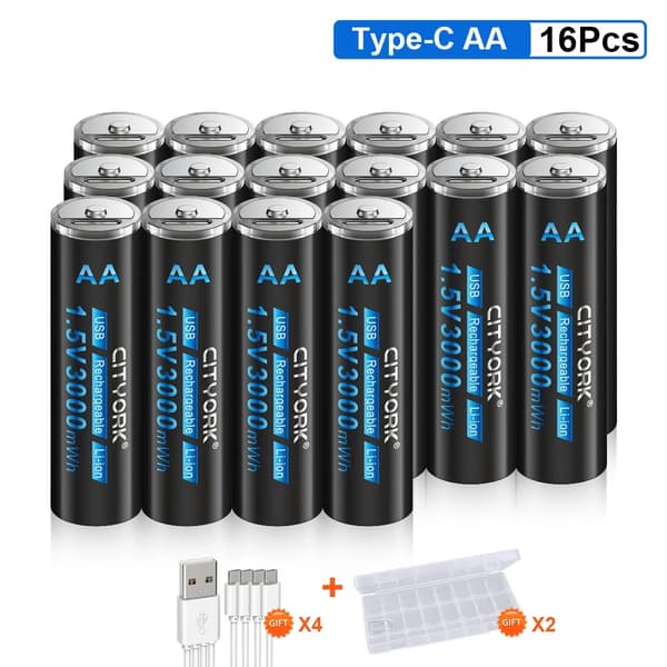 CITYORK Genopladeligt AA-batteri, 3000mWh kapacitet, USB-opladningsmetode,32 stk.
