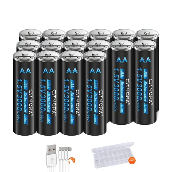CITYORK Genopladeligt AA-batteri, 3000mWh kapacitet, USB-opladningsmetode,32 stk. 16PCS