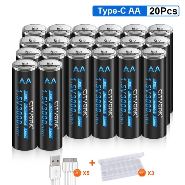 CITYORK Ladattava AA-paristo, 3000mWh kapasiteetti, USB-latausmenetelmä,32 kpl
