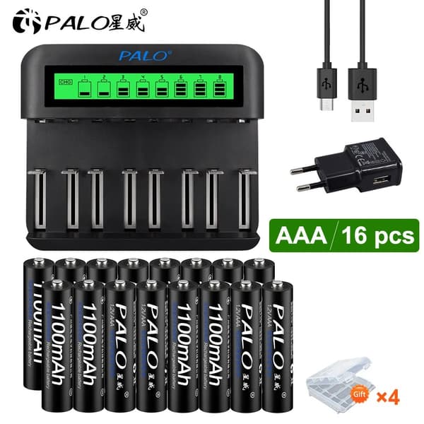 PALO AAA Genopladelige Batterier, 1100mAh Kapacitet, Inkluderer LCD Oplader,16AAA og oplader