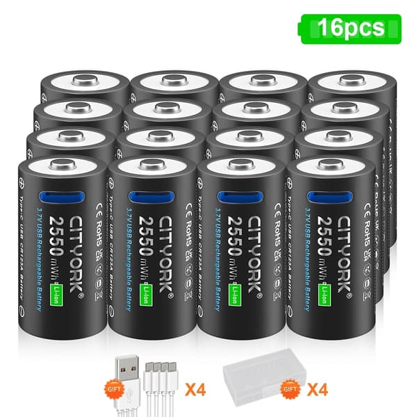 CR123A Ladattava Akka, 2550mWh Kapasiteetti, Pitkäikäinen Ladattava,32 kpl 16340 akkua