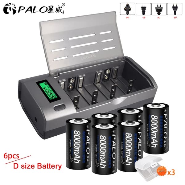 PALO D Størrelse Genopladeligt Batteri, 8000mAh Kapacitet, Smart Opladningskompatibilitet,6 batterier 1 oplader