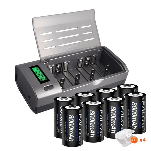 PALO D Størrelse Genopladeligt Batteri, 8000mAh Kapacitet, Smart Opladningskompatibilitet,6 batterier 1 oplader