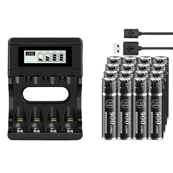 PALO Genopladeligt 1,5V AAA Batteri Pack, 900mWh Kapacitet, Smart LCD Oplader,12 stk. AAA-batteri 16 Battery 1 Charger