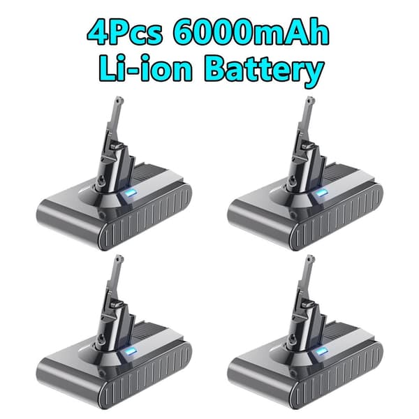 V8 Ersättningsbatteri, 6000mAh kapacitet, Li-Ion typ,4 st 6,0 Ah batteri