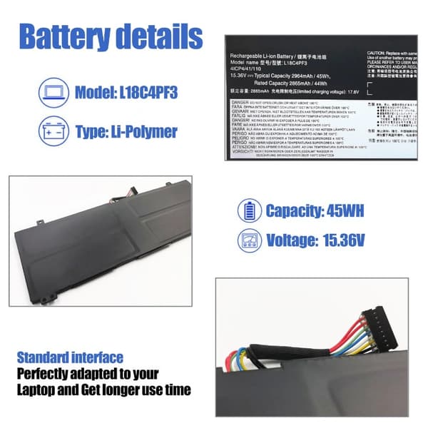 Lenovo bærbar computerbatteri, 15,36V spænding, Li-Polymer type,L18C4PF3