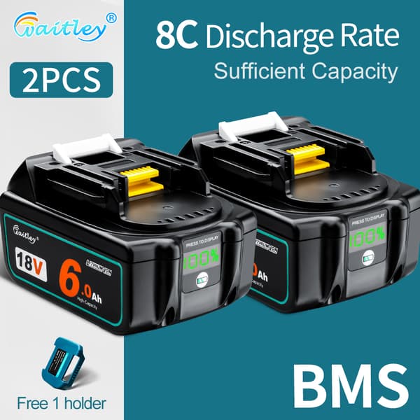 18V Ersättningsbatteripack, 2 st 6000mAh Li-Ion, med batterihanteringssystem,2 st 6Ah batteri