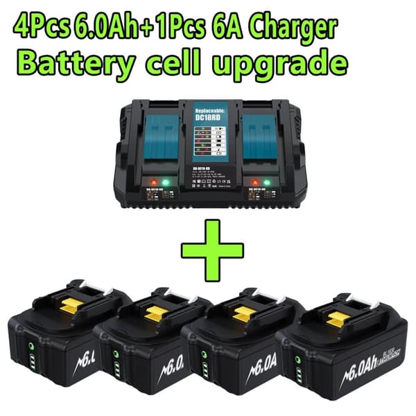 Uppladdningsbart litiumjonbatteri, 6,0 Ah kapacitet, förbättrade säkerhetsfunktioner,4st 6.0AH Dual Port