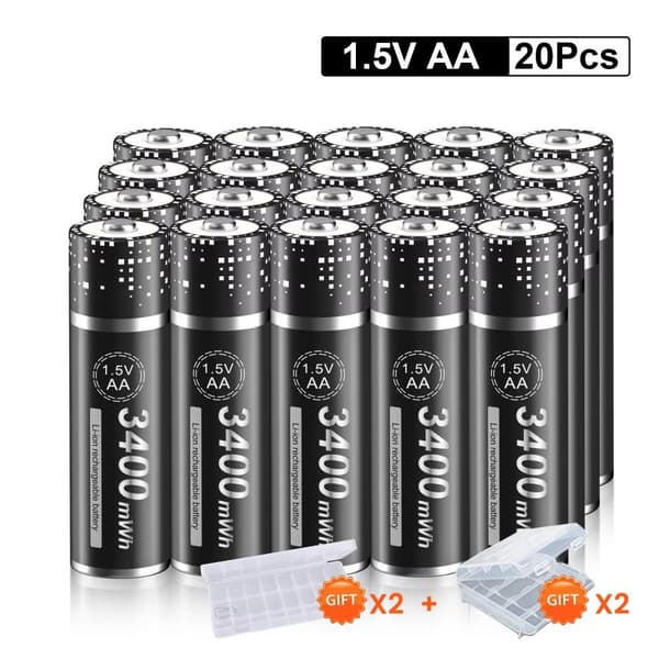 Genopladelige Lithium AA-batterier, 3400mAh kapacitet, USB-C hurtigopladning,20 stk batteri