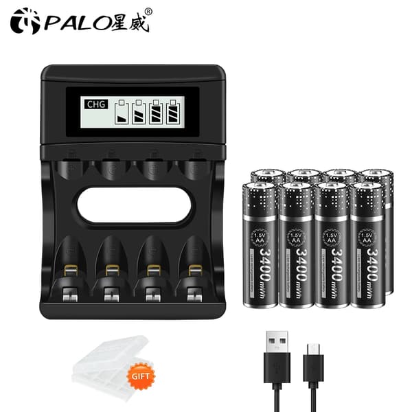 Genopladelige Lithium AA-batterier, 3400mAh kapacitet, USB-C hurtigopladning,1 oplader 8 batteri