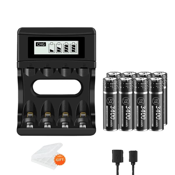 Genopladelige Lithium AA-batterier, 3400mAh kapacitet, USB-C hurtigopladning,1 oplader 8 batteri