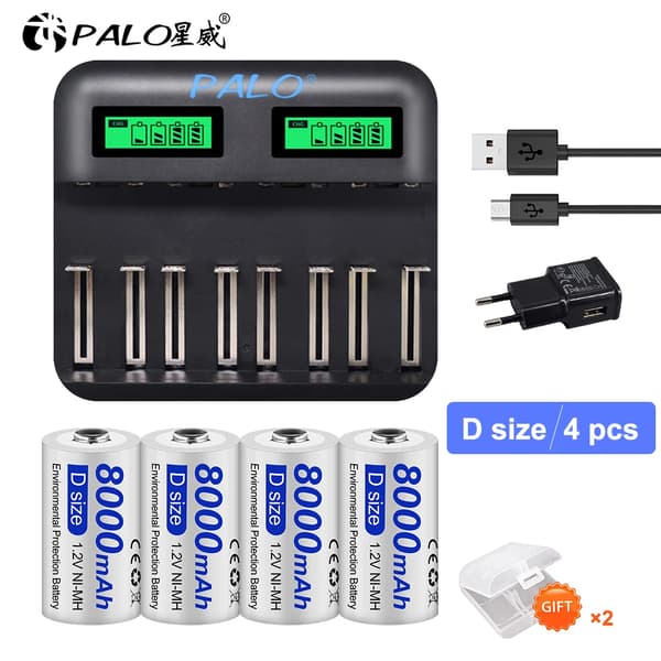 PALO D-koko ladattavat akut, 8000mAh kapasiteetti, yhteensopiva Ni-MH-laturi,4 akku 1 laturi