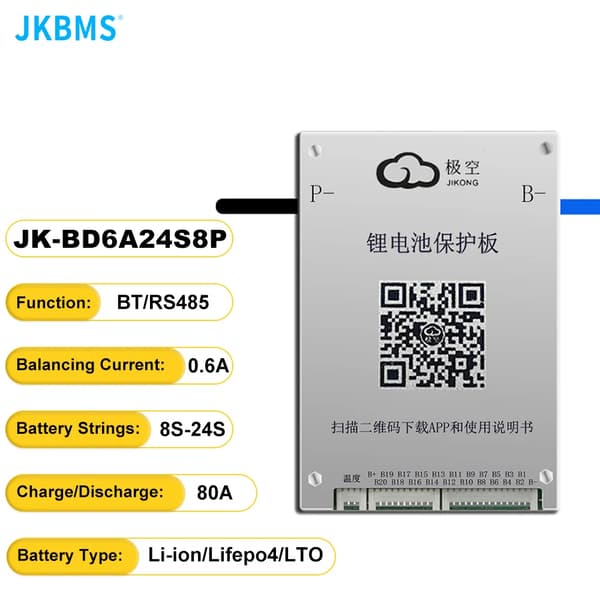 JKBMS Smart BMS, BT/RS485 Funktion, 80A Opladning/Entladning,JK-BD6A24S8P