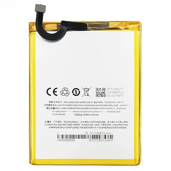 Erstatningsbatteri, 4000mAh kapacitet, kompatibelt med Meizu-enheder,BA721