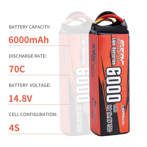 SUNPADOW Lipo-batteri 6000mAh, 14,8V spænding, 70C afladningshastighed,6000MAH-4S-14.8V-T
