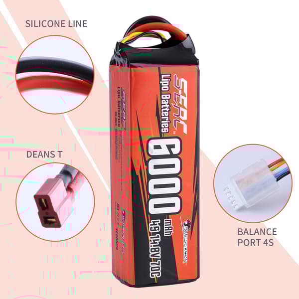 SUNPADOW Lipo-batteri 6000mAh, 14,8V spænding, 70C afladningshastighed,6000MAH-4S-14.8V-T