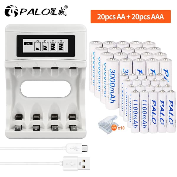 Genopladelige batterier, 4 slots LCD smart oplader, USB-drevet,20AA 20AAA oplader