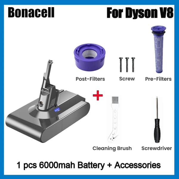 V8 Ersättningsbatteri, 6000mAh kapacitet, kompatibelt med flera modeller,SET5, 21,6V