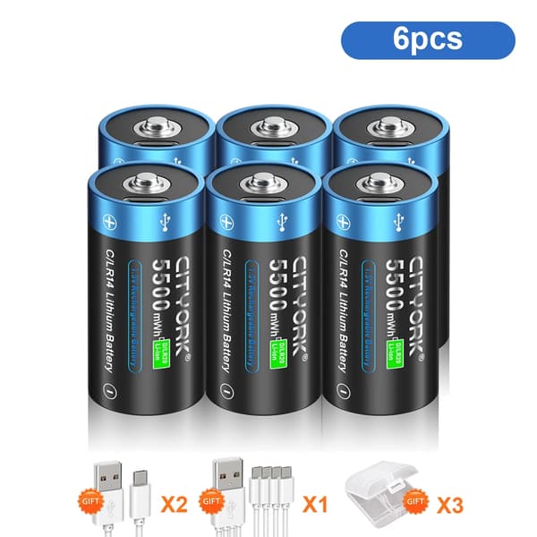 C-kokoinen ladattava akku, 5500mAh kapasiteetti, Type-C USB -lataus,6 kpl C-paristoa