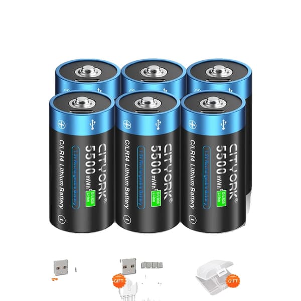 C Størrelse Genopladeligt Batteri, 5500mAh Kapacitet, Type-C USB Opladning,6 stk. C-batteri