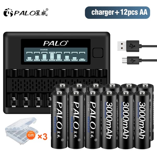 PALO Genopladelige AA-batterier, 3000mAh kapacitet, oplader inkluderet,12 AA 1 oplader