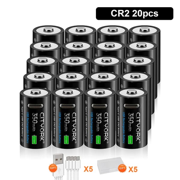 CR2 Genopladeligt Batteri, 350mAh Kapacitet, USB Type-C Hurtigopladning,20 STK batteri