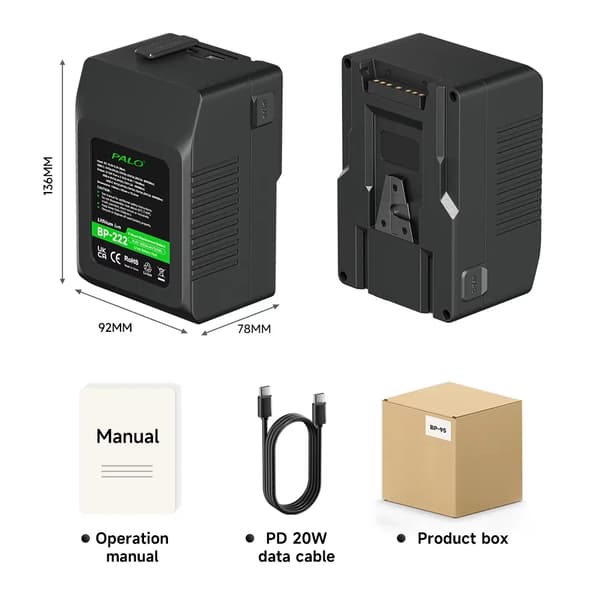 V Mount Batteri, Høj Kapacitet 15000mAh, Bidirektionel USB-C Opladning,BP-222 15000mAh