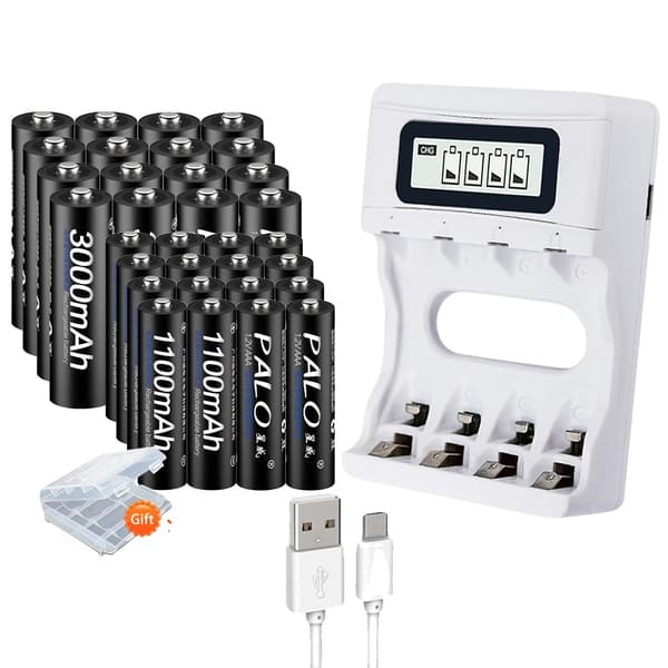 PALO Genopladeligt Batterisæt, 3000mAh AA Kapacitet, Smart USB Oplader,16AA AAA og oplader, 1,2V