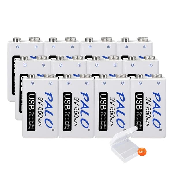 9V genopladeligt lithiumbatteri, 650mAh kapacitet, USB-opladning,12 stk, 9V